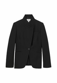 Čierny blazer s šálovým golierom, jedným gombíkom, dvoma prednými vreckami a textúrovanou tkaninou. Strih prispôsobený postave, s dlhými rukávmi.
