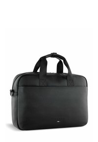 Schwarze Leder-Laptoptasche mit zwei Griffen, einem Reißverschluss und einer strukturierten Oberfläche. Mit Logodetail auf der Vorderseite.