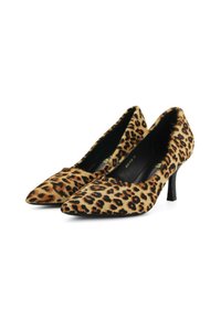 Scarpe con tacco alto leopardate con punta appuntita, tessuto morbido, interno nero e tacco sottile.