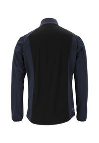 Herenjack met een zwarte achterkant en donkerblauwe mouwen, gemaakt van rekbaar materiaal met een hoge kraag en gestroomlijnd ontwerp.