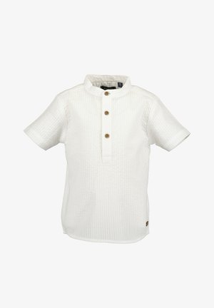 Weißes kurzärmliges Hemd mit Stehkragen, gefertigt aus strukturierter Baumwolle, mit einer Knopfleiste aus vier Knöpfen und einem kleinen Logo-Detail am Saum.