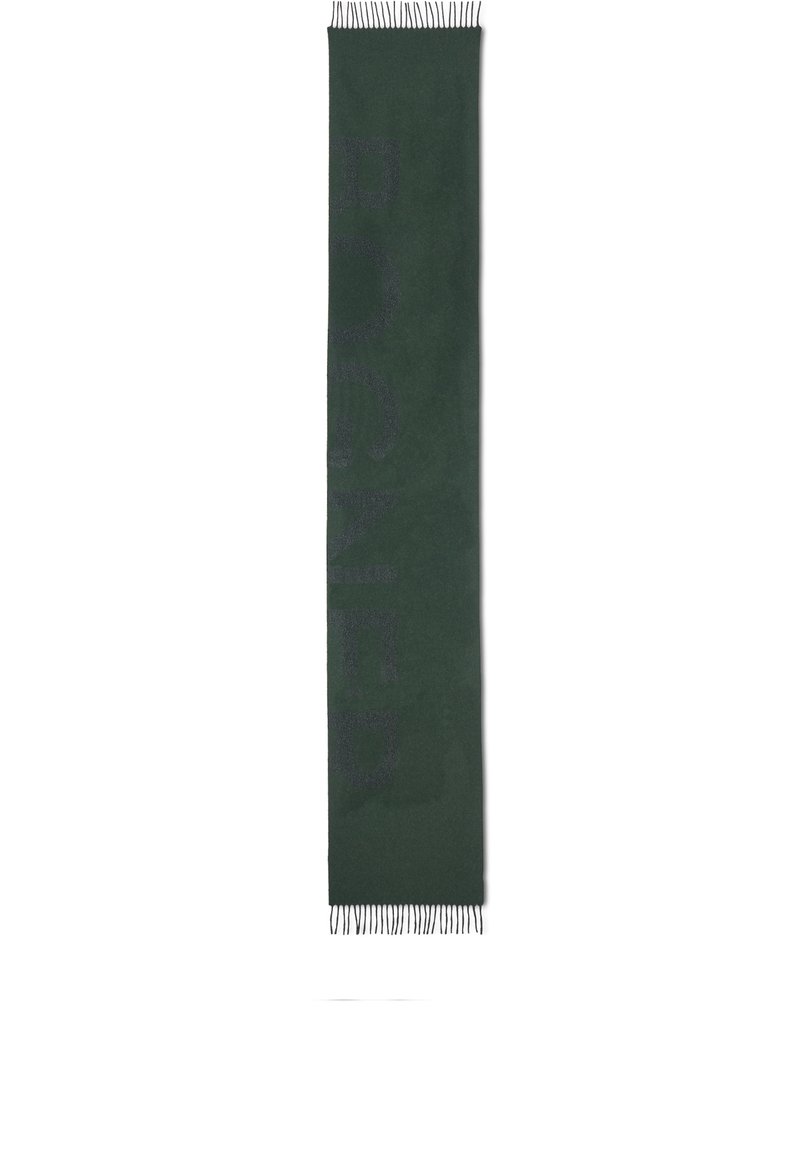 Dark green scarf with fringe ends, featuring a subtle embossed logo in a darker shade. Made from soft material with a smooth texture.