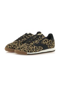 Scarpe da ginnastica con stampa leopardata e dettagli neri, lacci neri e suola in gomma. Superiori in tessuto morbido con un design elegante.