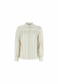 Crème blouse met verticale zwarte strepen, met een knoopsluiting aan de voorkant, pofmouwen en een spitse kraag. Glad textiel.