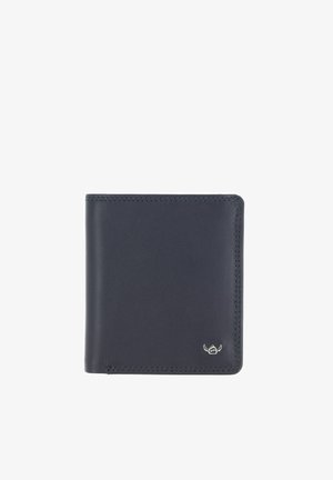 Portefeuille noir en cuir bifold avec un petit logo ailé argenté en bas à droite, affiché fermé sur fond blanc.