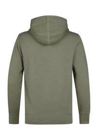 Felpa con cappuccio verde oliva, dal texture liscia, con polsini e orlo a costine. Presenta un design semplice senza modelli o accenti prominenti.