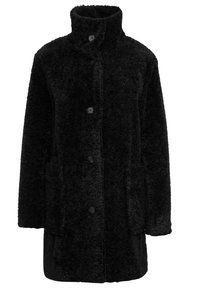 Svart mjuk kappa med hög krage, försedd med knappframstängning och två sidofickor. Mjuk textur och avslappnad passform.