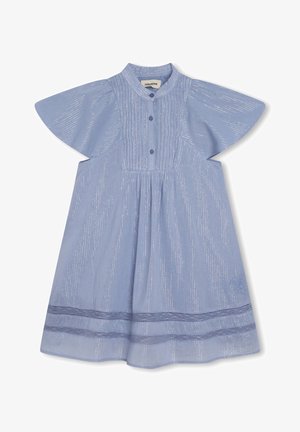 Jasnoniebieska sukienka z krótkimi falbanastymi rękawami, zapinana na guziki z plisowanym wzorem i haftowanym wykończeniem u dołu z kontrastowymi akcentami.