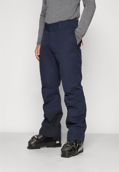 Marineblaue Schneehosen mit geradem Bein, aus langlebigem Material gefertigt. Mit Reißverschlüssen an den Taschen, verstärkten Knien und kontrastierenden schwarzen Akzenten.