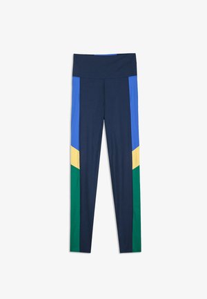 Leggings blu navy con pannelli multicolori in blu, verde, giallo e teal. Design a vita alta, texture liscia e forma aderente.