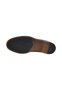 Brown leather shoe sole with a textured brown heel. The bottom features a black rubber tread for grip and durability, with a smooth finish.