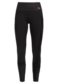 Leggings sportivi neri con vita alta, dotati di pannelli laterali testurizzati, contrasti tra finiture opache e lucide, e un piccolo logo.