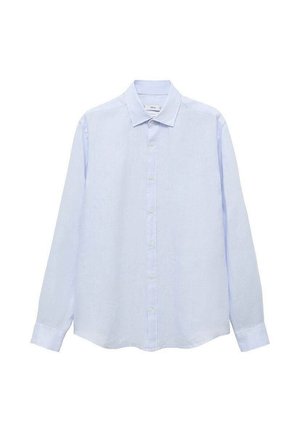 Light blue long-sleeve button-up shirt made of a textured fabric. Features a classic collar and a straight cut with a slightly rounded hem.