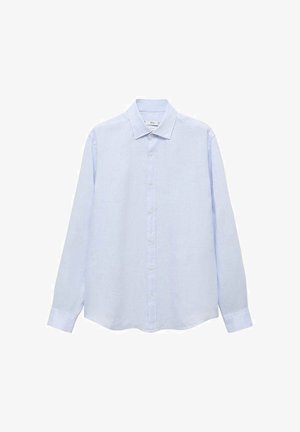 Light blue long-sleeve button-up shirt made of a textured fabric. Features a classic collar and a straight cut with a slightly rounded hem.