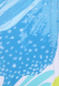 Tessuto che presenta sfumature di blu e pois bianchi, con modelli ondulati in azzurro chiaro e verde. Cuciture visibili lungo il bordo.