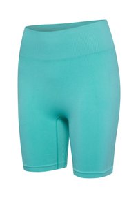 Turkis sømløse højtaljede biker-shorts med ribbet taljebånd og tekstureret mønster på let strækstof.