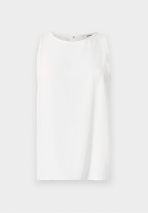 Ärmelloses weißes Top aus glattem Stoff, mit rundem Ausschnitt und geradem Schnitt mit einem Rückenverschluss. Einfaches und minimalistisches Design.