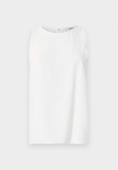 Ärmlös vit topp i slät tyg, med rundad halsringning och rak skärning med bakstängning. Enkel och minimalistisk design.
