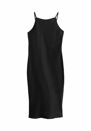 Schwarzes ärmelloses Kleid mit dünnen Trägern, mit einfachem, geradem Schnitt und glatter, leichter Stoffstruktur. Keine sichtbaren Muster oder Akzente.