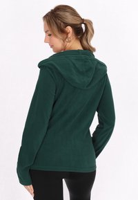 Felpa verde in pile con vestibilità rilassata, caratterizzata da un cappuccio, maniche lunghe e una texture liscia. Nessun motivo visibile o dettagli metallici.