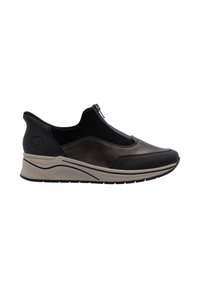 Chaussure noire à enfiler avec fermeture éclair, matériaux combinés en cuir et textile, design incurvé et semelle moulée beige.