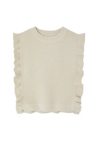 Cremefarbenes gestricktes ärmelloses Sweater mit gerippter Textur und Rüschensaum entlang der Seiten und des Saums.