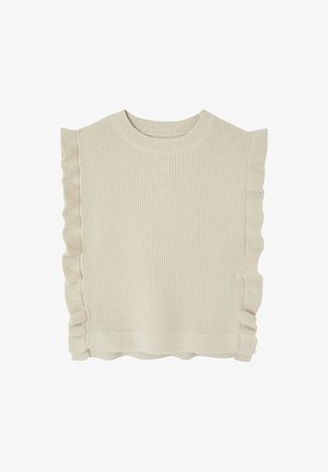 Cream-colored knit sleeveless sweater with ribbed texture and ruffled edges along the sides and hem.
