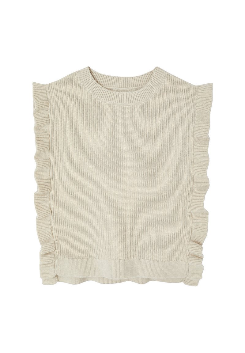 Cremefarbenes gestricktes ärmelloses Sweater mit gerippter Textur und Rüschensaum entlang der Seiten und des Saums.