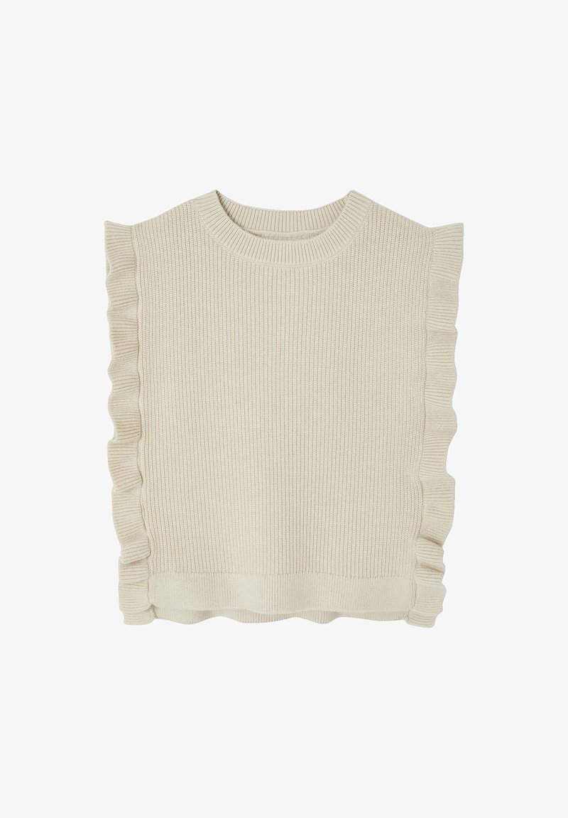 Cremefarbenes gestricktes ärmelloses Sweater mit gerippter Textur und Rüschensaum entlang der Seiten und des Saums.