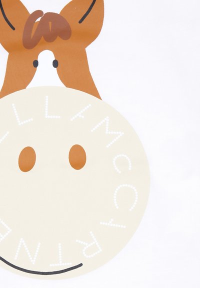 Kreskówkowy projekt zwierzęcia przedstawiający brązową głowę konia oraz okrągłą twarz w kolorze kremowym z prostymi oczami i tekstem w kropkowanej czcionce.