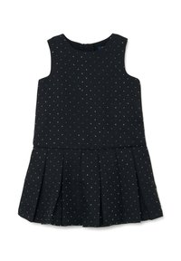 Vestido negro sin mangas con un corsé ajustado y falda plisada, con lunares plateados y cierre de cremallera en la parte posterior. Textura de tela suave.