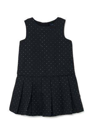 Zwarte mouwloze jurk met een getailleerde lijfje en een geplooide rok, voorzien van zilveren stippen en een rits aan de achterkant. Soepele stof textuur.