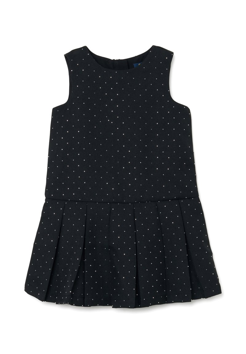 Vestido negro sin mangas con un corsé ajustado y falda plisada, con lunares plateados y cierre de cremallera en la parte posterior. Textura de tela suave.