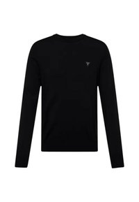Zwart langemouwen T-shirt van zacht katoen, met een ronde halslijn en een klein driehoekig logo op de linkerborst.