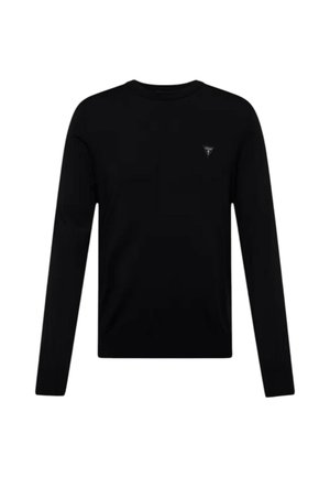 T-shirt noir à manches longues en coton doux, avec un col rond et un petit logo triangulaire sur la poitrine gauche.