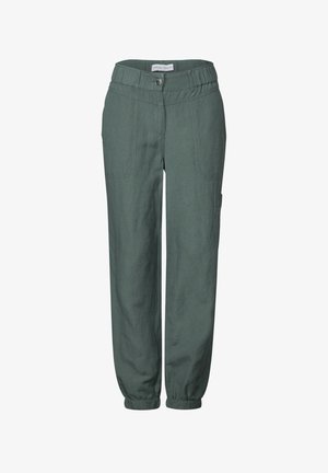 Zielone lniane spodnie o luźnym kroju, z elastycznym pasem na sznurku, bocznymi kieszeniami i zwężanymi nogawkami dla zapewnienia wygodnego fasonu.