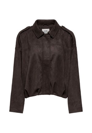Tumši brūna zamšādas cropped jaka ar garām piedurknēm, smailu apkakli un noslēptu priekšpuses aizdari.