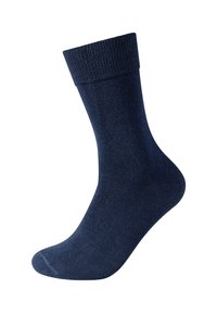 Dunkelblauer Socke mit geripptem Bündchen, gefertigt aus einem glatten, dehnbaren Material. Mit nahtloser Zehenpartie und einer formschlüssigen Passform für optimalen Komfort.