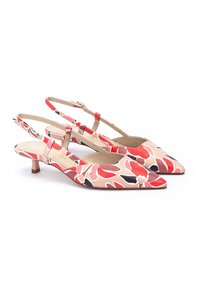 Zapatos slingback de punta con un diseño floral en beige, rojo, rosa y negro. Cuentan con un tacón bajo y una correa ajustable.