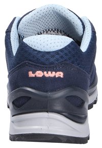 Navy hiking shoe with a mesh upper, light blue accents, padded collar, and a contrasting black outsole. Logo on heel is light pink.