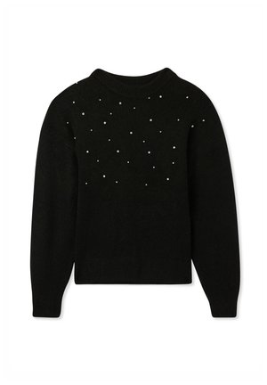 Maglione nero realizzato in morbido tessuto, con scollatura rotonda e maniche lunghe. Decorato con piccole perline bianche sparse sul davanti.