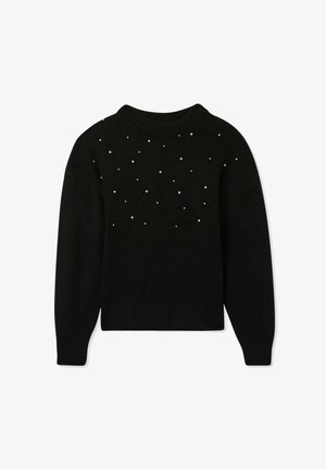 Maglione nero realizzato in morbido tessuto, con scollatura rotonda e maniche lunghe. Decorato con piccole perline bianche sparse sul davanti.