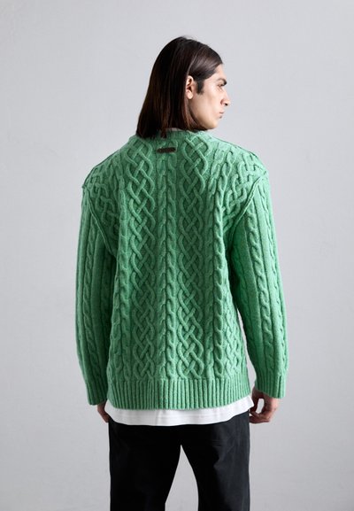 Persona con cabello oscuro hasta los hombros que lleva un suéter de punto de cable verde claro sobre una camisa blanca y pantalones negros, de perfil frente a una pared lisa.
