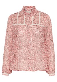 Blusa rossa a fiori con texture trasparente, con bottoni frontali e maniche lunghe. Presenta dettagli in pizzo crema lungo il girocollo e i polsini.