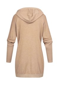 Beige hoodie met ribgebreide mouwen en zoom. Zachte textuur, ontspannen pasvorm en middellange uitstraling. Minimalistische look zonder sluitingen.