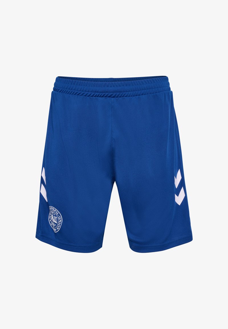 Blå sportshorts gjorda av ett mjukt material, med en vit logotyp och två vita chevroner på sidorna. Elastisk midja för komfort.
