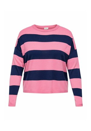 Pull à rayures roses et marines, à manches longues, col rond et coupe décontractée. Fabriqué en tissu doux et texturé.