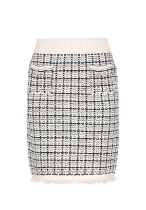 Spódnica tweedowa w kremowo-czarny wzór w kratę, z dzianinowym pasem, dwiema przednimi kieszeniami i frędzlami u dołu.