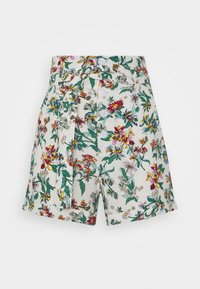 Shorts taille haute à motifs floraux avec une taille ceinturée, présentant un fond blanc orné de motifs de fleurs colorées et une fermeture à bouton.