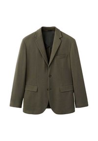 Olivengrøn blazer lavet af tekstureret stof, med en revers med notch, enkelt knaplukning og to forlommer.